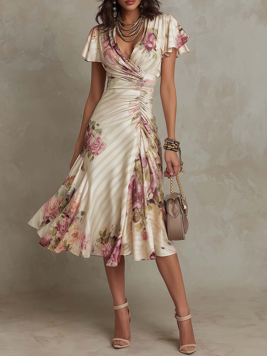 Margaret | Floral Satin Midi Dress