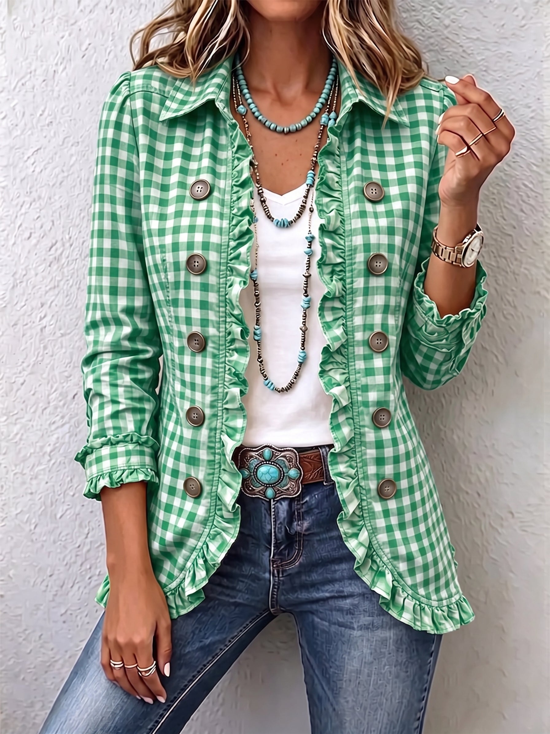 Charlene | Gingham Ruffled Button Down Jacket