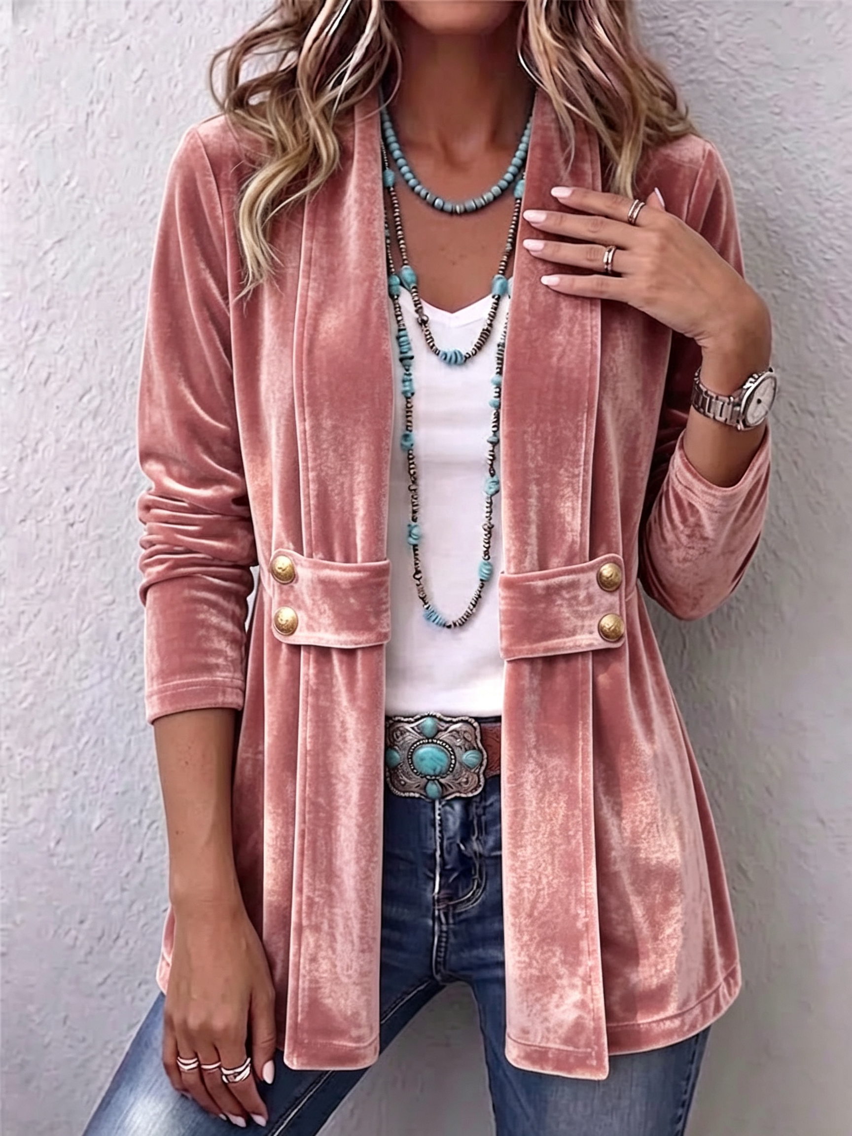 Holliwell | Vintage Lapel Button Accent Long Sleeve Open Front Jacket