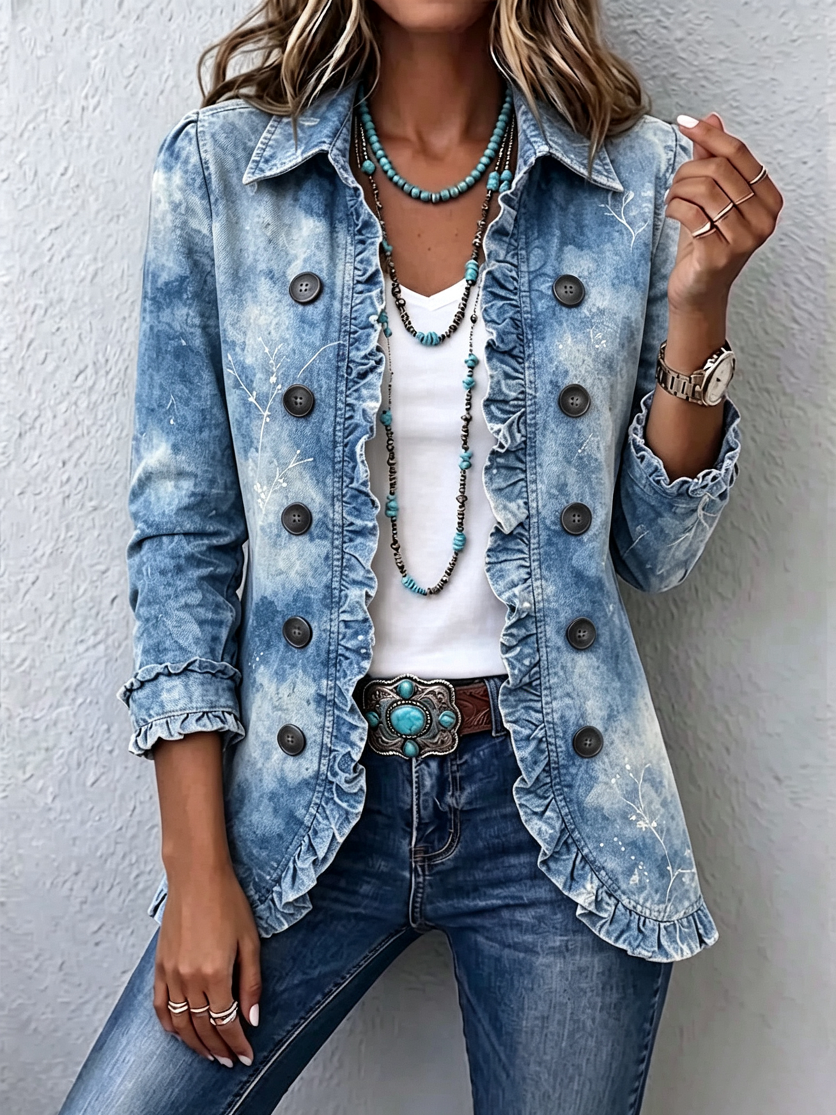 Jemison | Boho Gradient Vintage Botanical Print Ruffle Detail Jacket