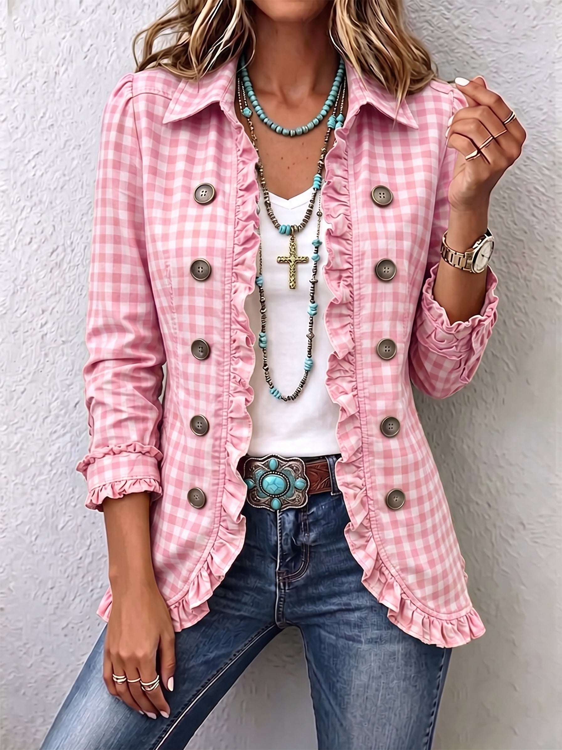 Charlene | Gingham Ruffled Button Down Jacket