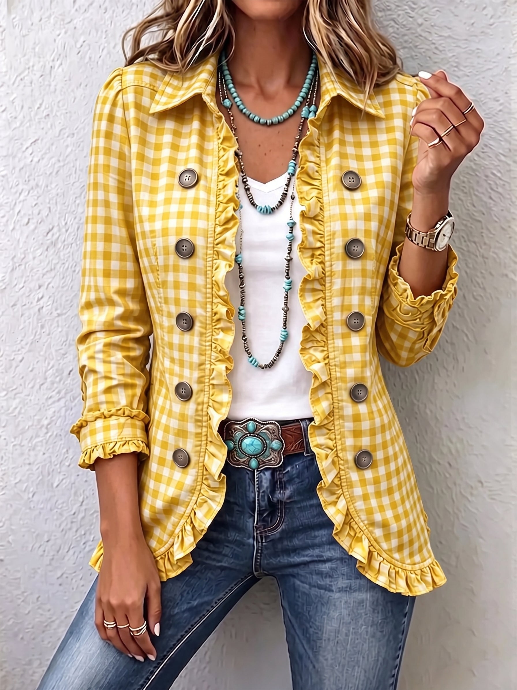 Charlene | Gingham Ruffled Button Down Jacket
